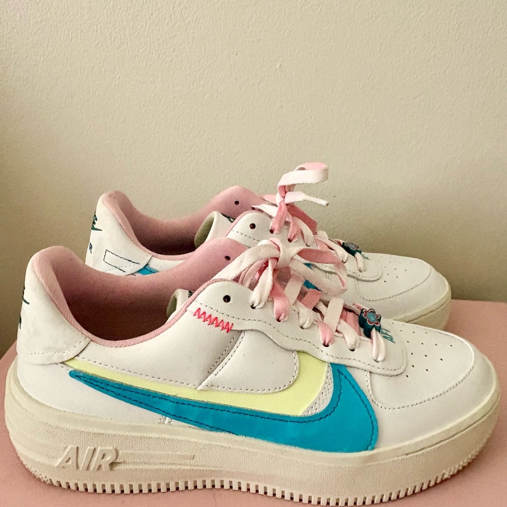 Nike Sneakers- Air Force 1- White, Blue, and Neon Yellow